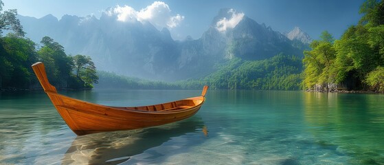 wooden boat rests on the clear waters of a serene lake, framed by majestic mountains and lush forests, capturing the essence of peaceful exploration