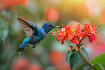 Obraz premium Big blue hummingbird Violet Sabrewing flying next to beautiful red flower with clear green forest nature in background. Tinny bird fly in jungle