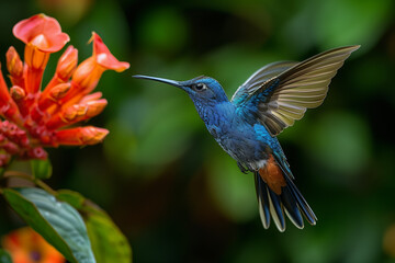 Fototapeta premium Big blue hummingbird Violet Sabrewing flying next to beautiful red flower with clear green forest nature in background. Tinny bird fly in jungle