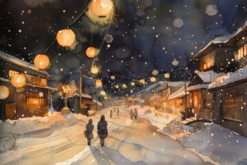 Obraz premium Watercolor illustrations that capture the enchanting atmosphere of the Otaru Snow Trail Festival. which has roads lit with lights
