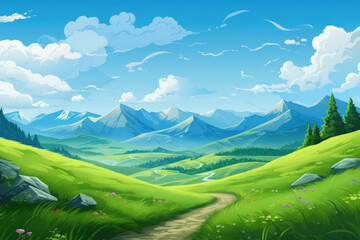 Beautiful mountain landscape with winding path through grassy field