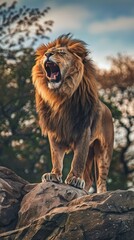 Portrait of a Lion standing on a rock roaring