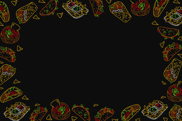 Horizontal frame with Mexican food. Dark theme. Frame template or design print with traditional street food. Good for banner, background, social media graphics