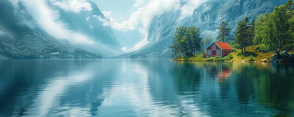 Pristine turquoise lake in Norway surrounded by mountains - obrazy, fototapety, plakaty