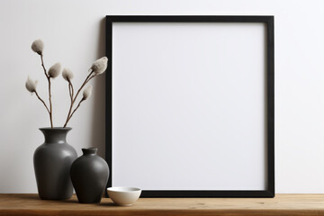 Black framed white picture sits on wooden table next to vase and bowl
