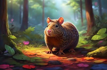 A portrait of an agouti in the colorful forest