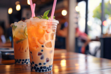 Colorful bubble tea drinks in clear cups, garnished with fresh mint, presented on a counter with a warm bokeh light background.