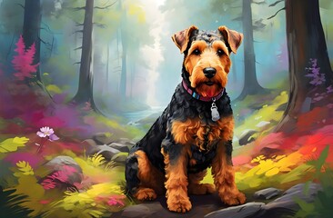 A portrait of Airedale Terrier dog in the colorful forest - obrazy, fototapety, plakaty