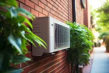  White air conditioner unit is mounted on brick wall © vefimov