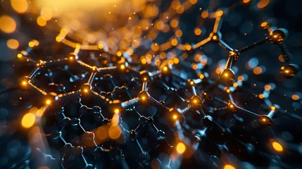 Fotobehang Molecular lattice in biotech research close range intricate bonds dim lighting © Thanadol