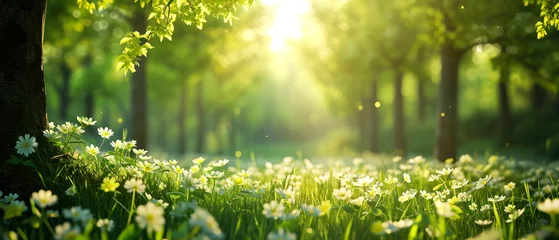 Zelfklevend Fotobehang Beautiful spring nature landscape with blooming trees. Scenery meadow, green hills, glade with flowers on sunny day. Springtime. Generative ai  © Inai