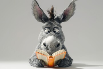 The character of a smart donkey reading a book on a gray isolated background . 3d illustration