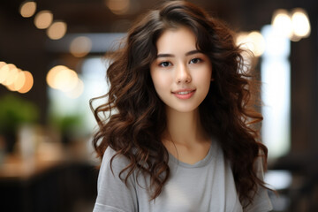Obraz premium Woman with long brown hair is smiling for camera