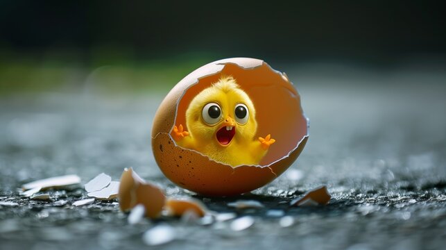 A cartoon chicken is peeking out of an egg