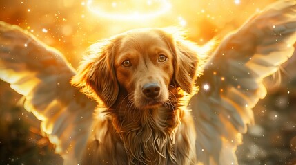 A dog with angel wings is standing in the sun