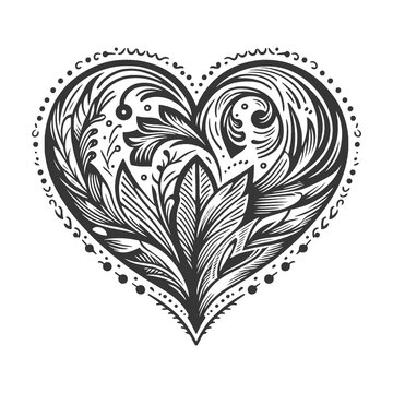 heart with floral and ornamental patterns, perfect for vintage-themed designs sketch engraving generative ai raster illustration. Scratch board imitation. Black and white image.