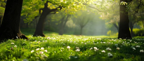 Foto op Aluminium Beautiful spring nature landscape with blooming trees. Scenery meadow, green hills, glade with flowers on sunny day. Springtime. Generative ai  © Inai