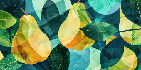 Abstract fruit collage with green patterns, pear fruit with blue leaf.