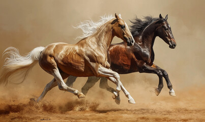 A pair of horses running side by side, their fur ruffled by the wind, with a background that is abstract and textured, creating an oil painting effect, Generative Ai	 - obrazy, fototapety, plakaty