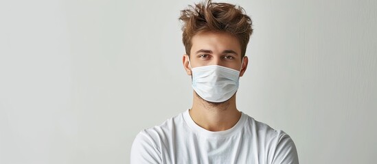 A man wearing a face mask is standing with crossed arms, sporting facial hair and wearing a Tshirt with sleeves. He may also be equipped with eyewear or sports gear for added protection - obrazy, fototapety, plakaty