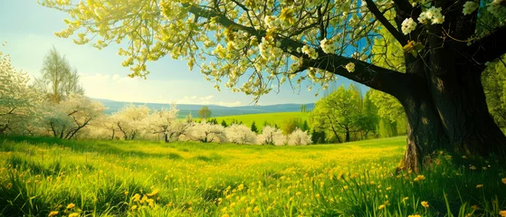 Fotobehang Beautiful spring nature landscape with blooming trees. Scenery meadow, green hills, glade with flowers on sunny day. Springtime. Generative ai  © Inai