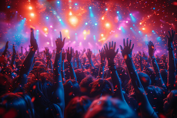 A crowd of people are at a concert - obrazy, fototapety, plakaty