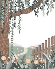 Cute rustic landscape with wooden fence, old willow tree, road, and flowers. Village country side, vector illustration