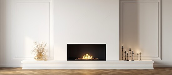 In the center of the living room, there is a rectangular hearth where wood or gas can be burned to provide heat. The flooring around the fireplace is either hardwood or laminate flooring - obrazy, fototapety, plakaty
