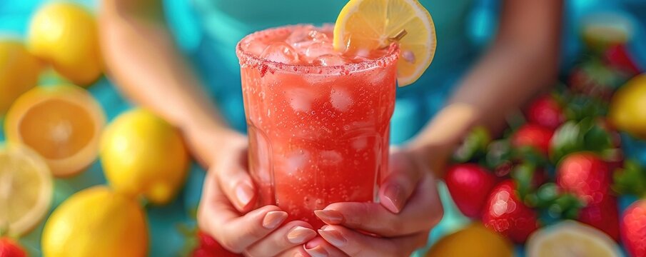 Young woman hands holding freshly squeezed strawberry lemonade - Powered by Adobe