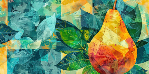 Abstract fruit collage with green patterns, pear fruit with blue leaf.