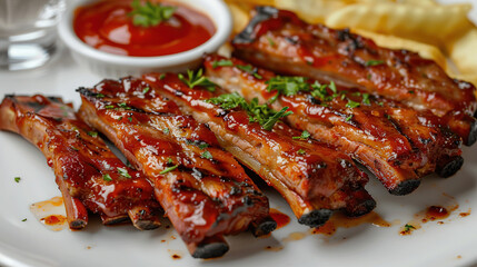 a white plate topped with grilled pork ribs and ketchup - obrazy, fototapety, plakaty