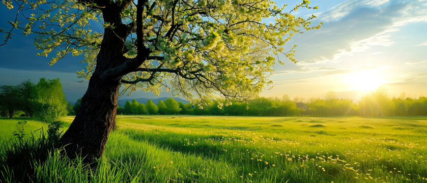 Beautiful spring nature landscape with blooming trees. Scenery meadow, green hills, glade with flowers on sunny day. Springtime. Generative ai 