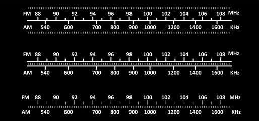 Radio tuner frequency tuning. Analoog dashboard inscription, control panel. Radio receiver tuner dial scale. Old hi-fi Stereo or mono tuner FM AM band. Radio frequency scales. Radio station signal.
