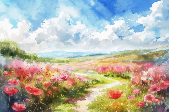 Watercolor image of Hitachi Seaside Park It showcases fields of colorful flowers and vast greenery.