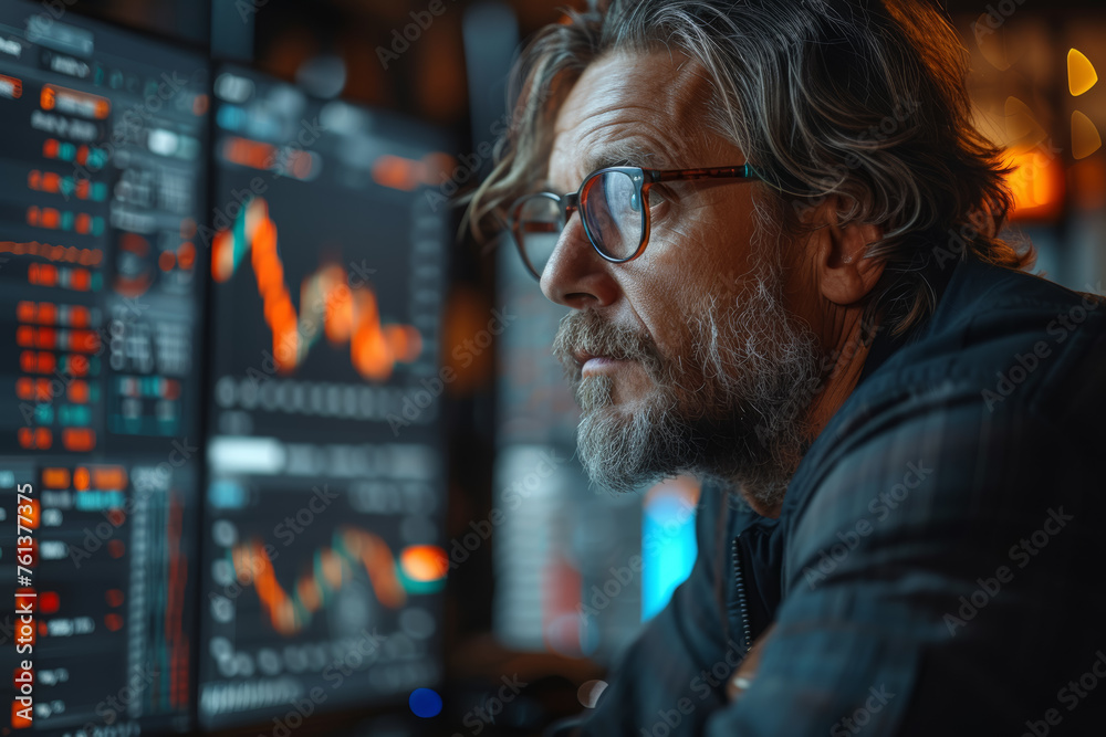Poster a manager reviewing financial charts and graphs on a computer screen, emphasizing data-driven decisi