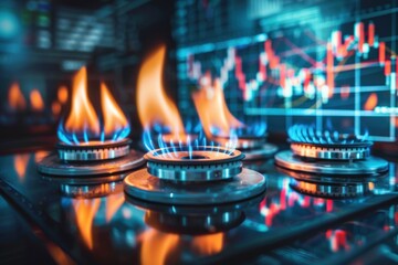 gas stove burners. natural gas. cost growth concept with gas burners and stock charts blurred on background - obrazy, fototapety, plakaty