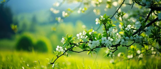Poster Close up of cherry blossom tree. Beautiful spring nature landscape with blooming trees. Meadow, green hills, glade with flowers on sunny day. Generative ai © Inai