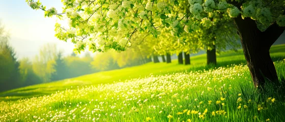 Afwasbaar Fotobehang Limoengroen Beautiful spring nature landscape with blooming trees. Scenery meadow, green hills, glade with flowers on sunny day. Springtime. Generative ai 