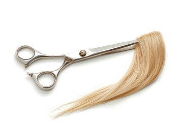 Hairdresser's scissors with strand of blonde hair isolated white background