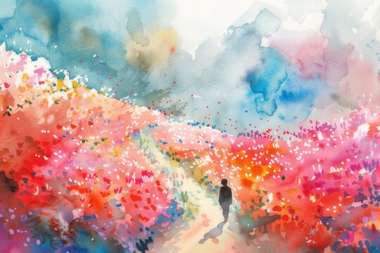 Watercolor image of Hitachi Seaside Park It showcases fields of colorful flowers and vast greenery.