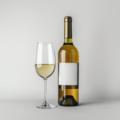 wine bottle with white wine glass standing in style of advertising photoshoot, isolated on white clean background сreated with Generative Ai
