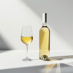 wine bottle with white wine glass standing in style of advertising photoshoot, isolated on white clean background сreated with Generative Ai