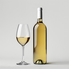 Fototapeta premium wine bottle with white wine glass standing in style of advertising photoshoot, isolated on white clean background сreated with Generative Ai