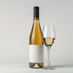 Fototapeta premium wine bottle with white wine glass standing in style of advertising photoshoot, isolated on white clean background сreated with Generative Ai