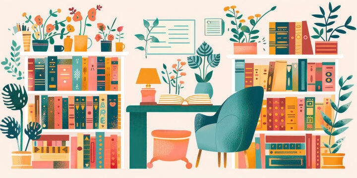 Books and reading set. Flat cartoon colorful illustration.