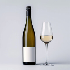 wine bottle with white wine glass standing in style of advertising photoshoot, isolated on white clean background сreated with Generative Ai