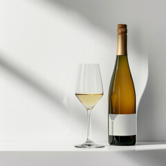 wine bottle with white wine glass standing in style of advertising photoshoot, isolated on white clean background сreated with Generative Ai