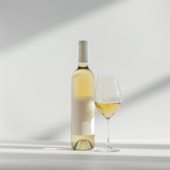 wine bottle with white wine glass standing in style of advertising photoshoot, isolated on white clean background сreated with Generative Ai