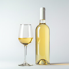 wine bottle with white wine glass standing in style of advertising photoshoot, isolated on white clean background сreated with Generative Ai