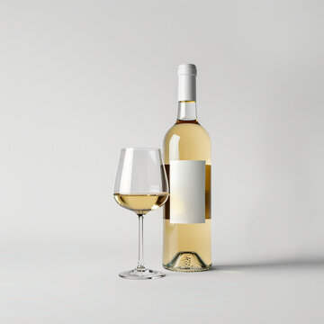 wine bottle with white wine glass standing in style of advertising photoshoot, isolated on white clean background сreated with Generative Ai